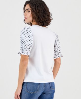 Women's Round-Neck Contrast-Puff-Sleeve Top