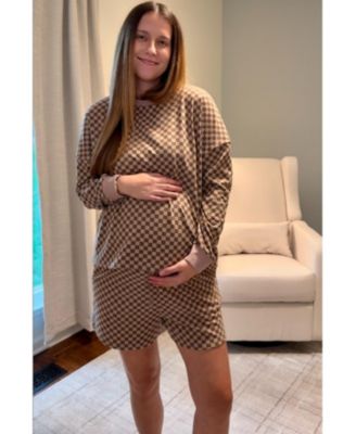 Maternity Mocha Checkered Plaid Pullover Shorts Set