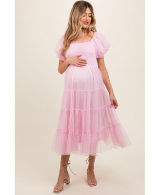 Maternity Light Pink Smocked Tiered Tulle Midi Dress
