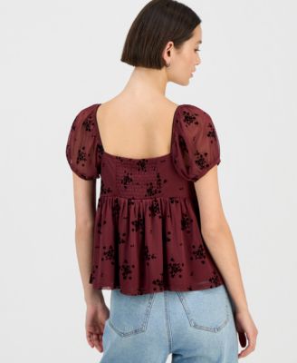 Juniors' Short-Sleeve Flocked Babydoll Top