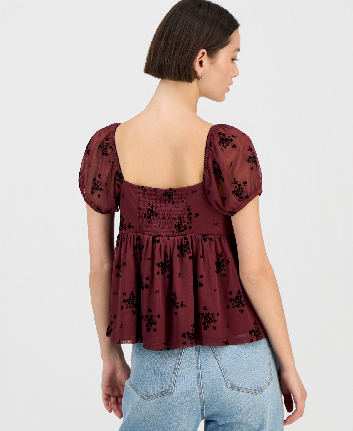 Self Esteem Juniors' Short-sleeve Flocked Babydoll Top In Red