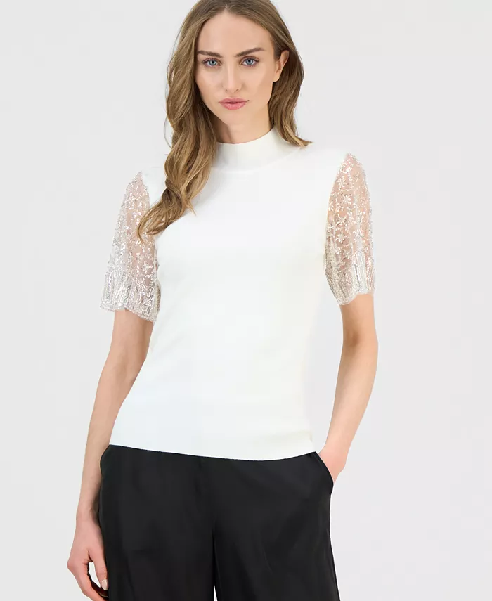 Women's Beaded-Sleeve Mock Neck Sweater