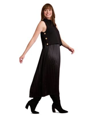 Petite Pleated Knit Mock Neck Midi Dress