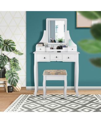 Makeup Vanity Set with Mirror and Cushioned Stool