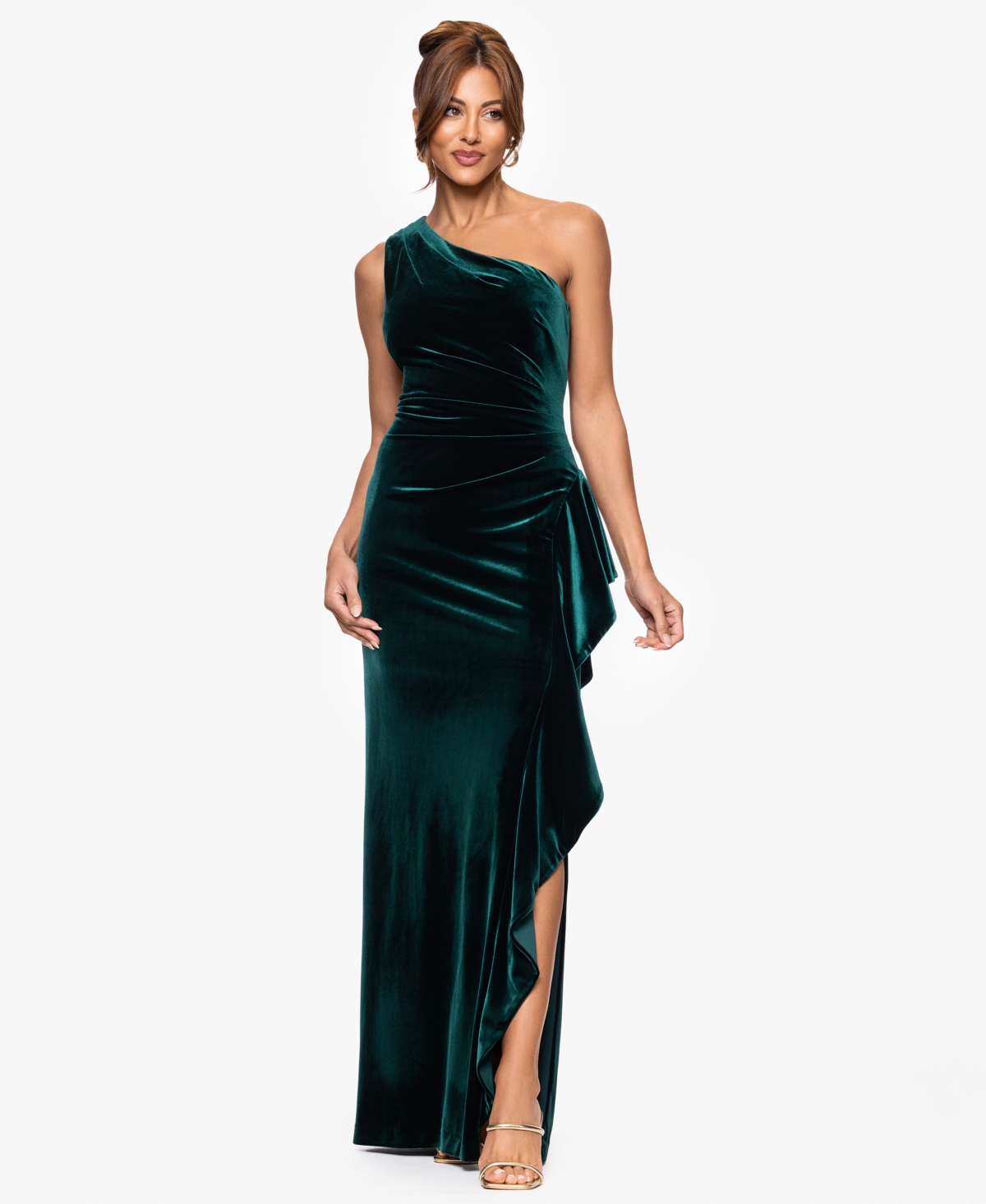 Xscape Petite Long Velvet Off-the-shoulder Dress In Green