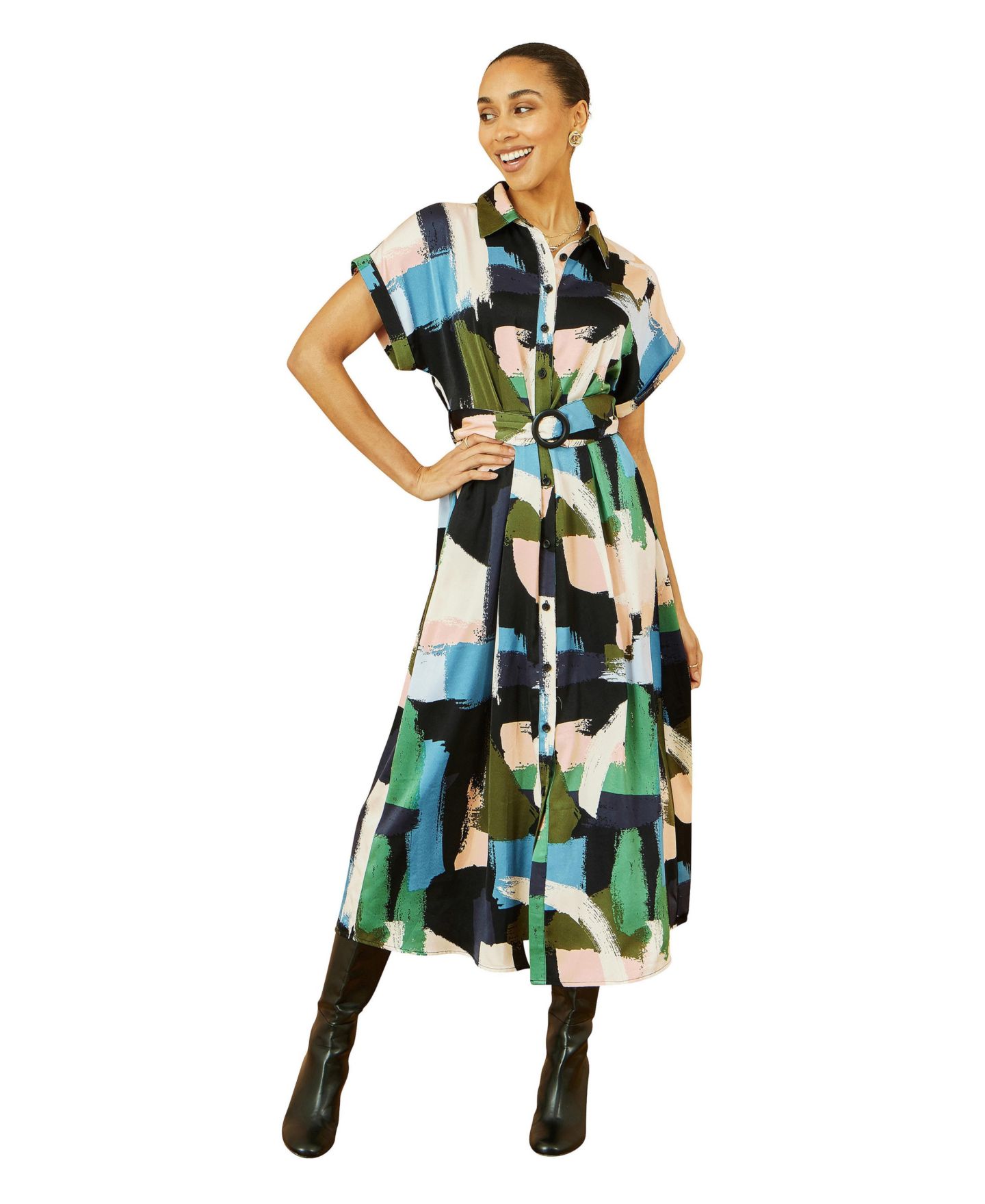 Женское платье Yumi Brushstroke Print Relaxed Shirt Dress, цвет: Разноцветный — фото 8
