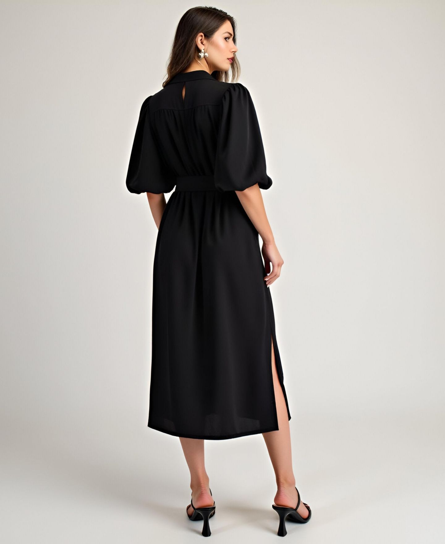 Женское платье Modenaire Lark Puff Sleeve Self-Tie Midi, цвет: Чёрный — фото 6