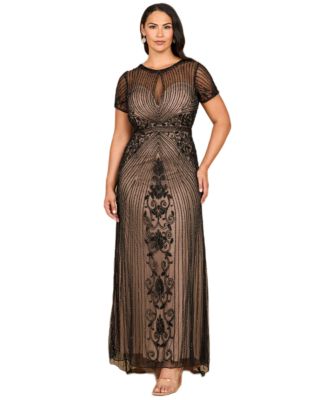 Women's Beaded Cap Sleeve Illusion Plunge Gown