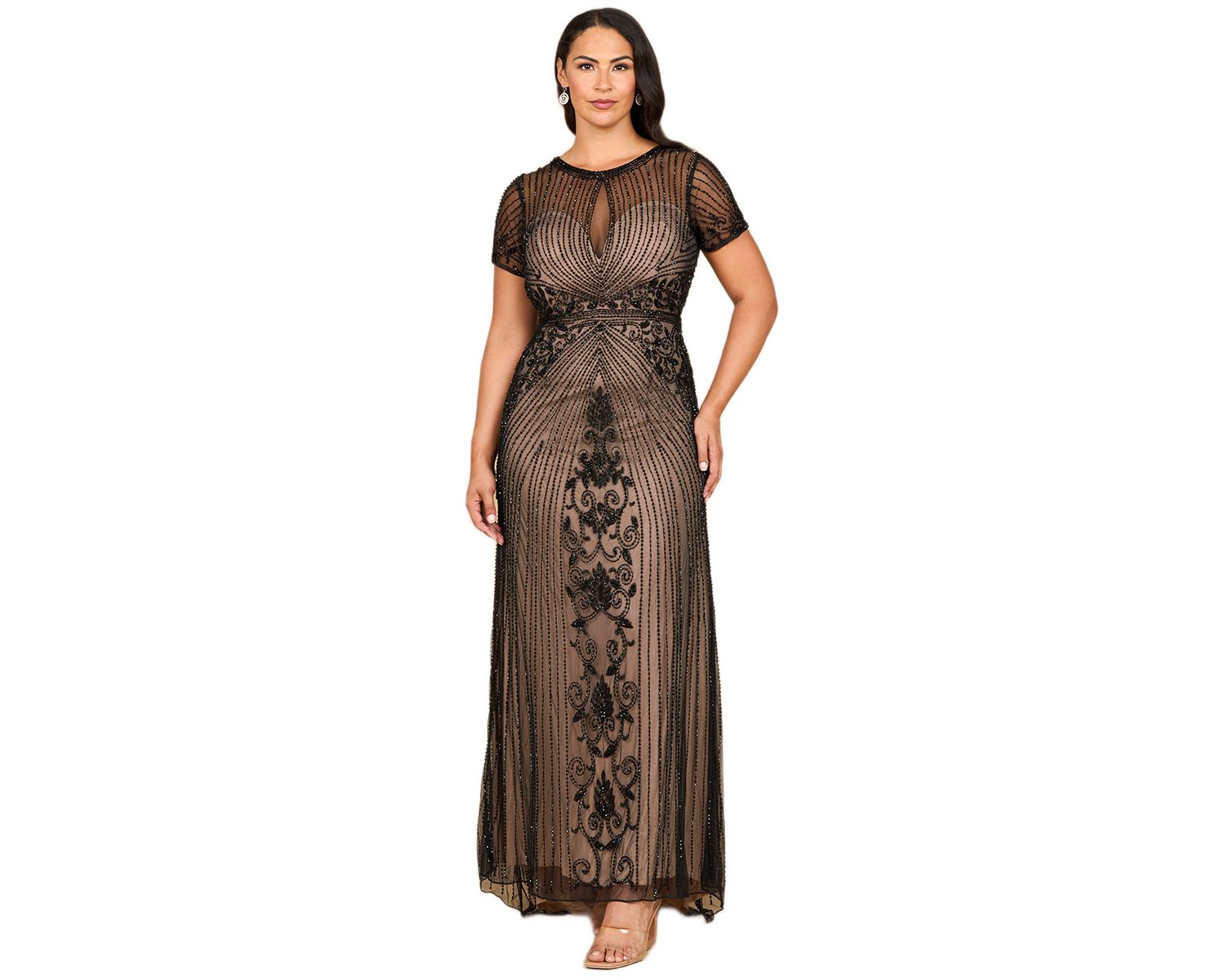 Women's Beaded Cap Sleeve Illusion Plunge Gown