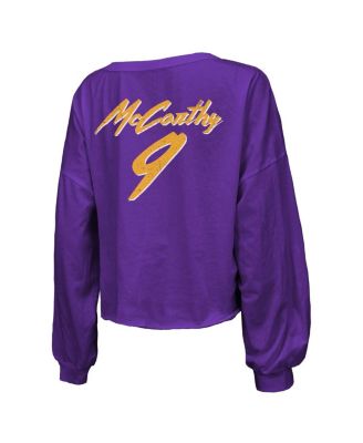 Women's J.J. McCarthy Purple Minnesota Vikings Name Number Off-Shoulder Script Cropped Long Sleeve V-Neck T-Shirt