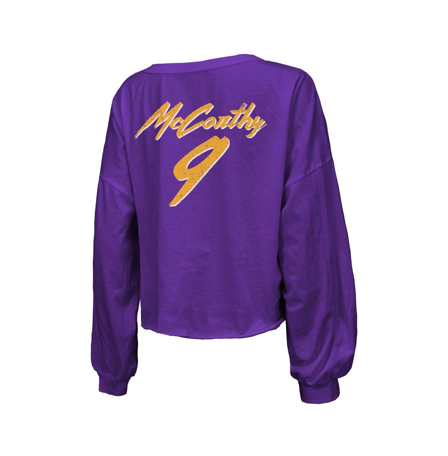 Женская футболка Majestic J.J. McCarthy Purple Minnesota Vikings Name & Number Off-Shoulder Script Cropped Long Sleeve V-Neck — фото 2