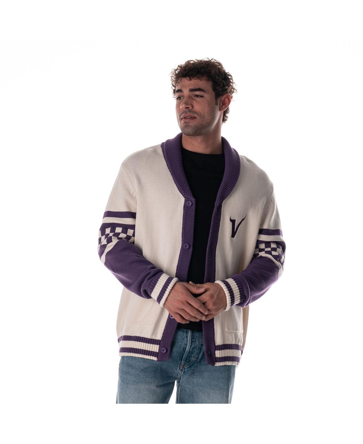 The Wild Collective Men's And Women's Cream Minnesota Vikings Jacquard Rolled Collar Button-up Cardigan Sweater In White