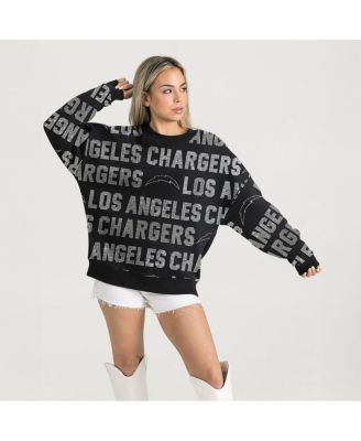 Gameday Couture - Women's Black Los Angeles Chargers Relaxed Drop Shoulder Hype Era Rhinestone Text Sweatshirt