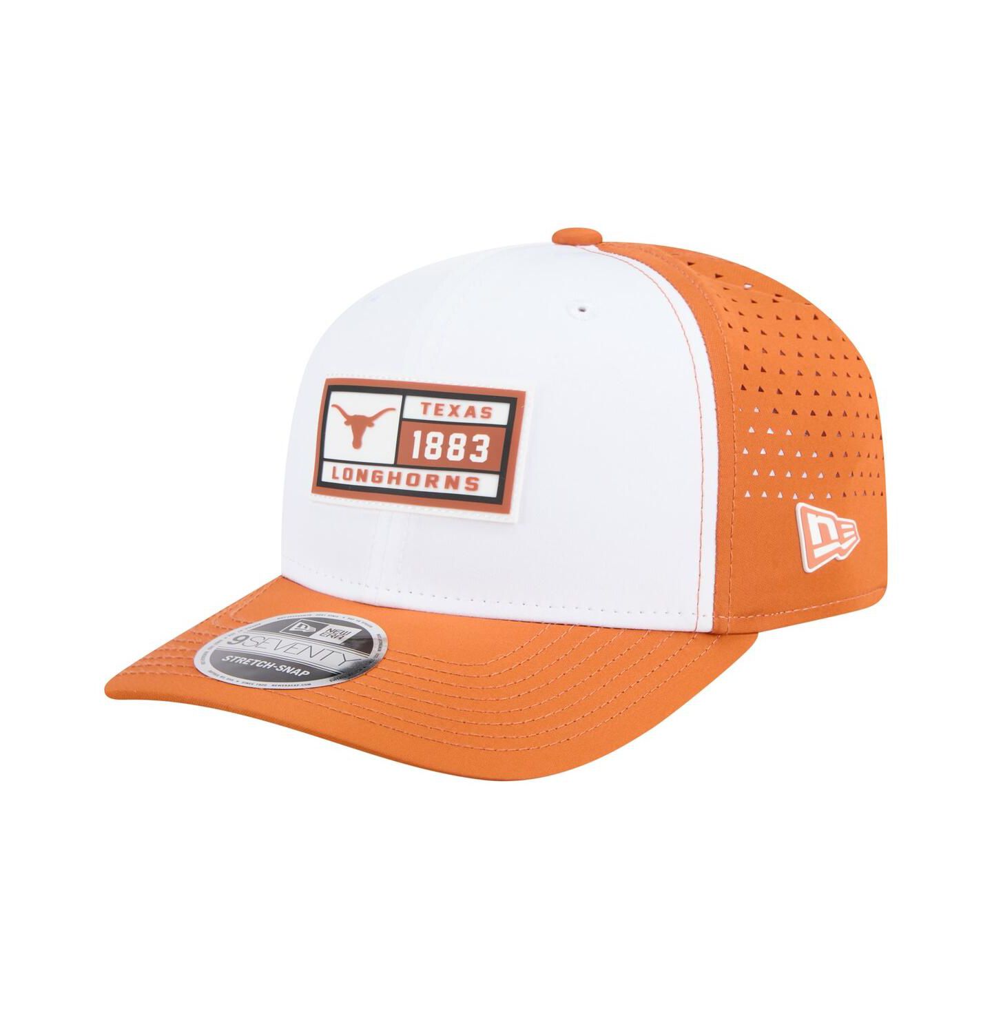 Мужская кепка New Era White/Texas Orange Texas Longhorns Perforated Patched 9SEVENTY Adjustable Hat — фото 1