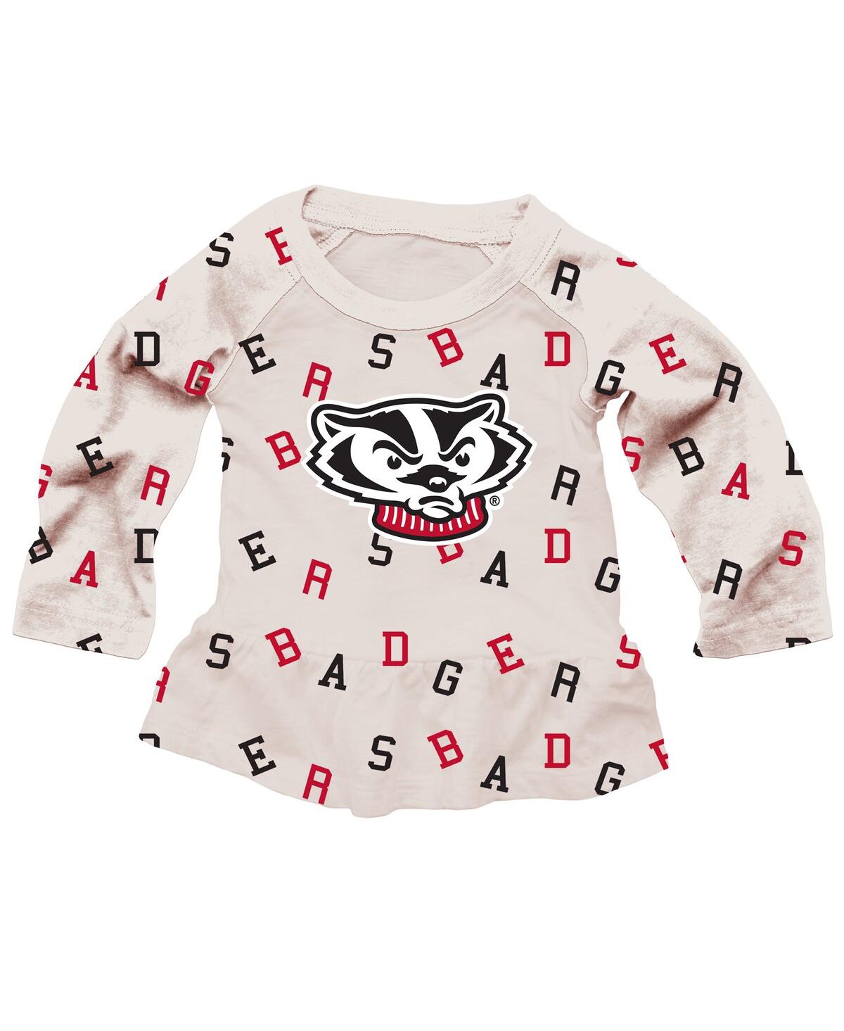 Wes & Willy Baby Girls 2-piece Oatmeal Wisconsin Badgers Ruffle Raglan Long Sleeve T-shirt And Leggings Set In Neutral