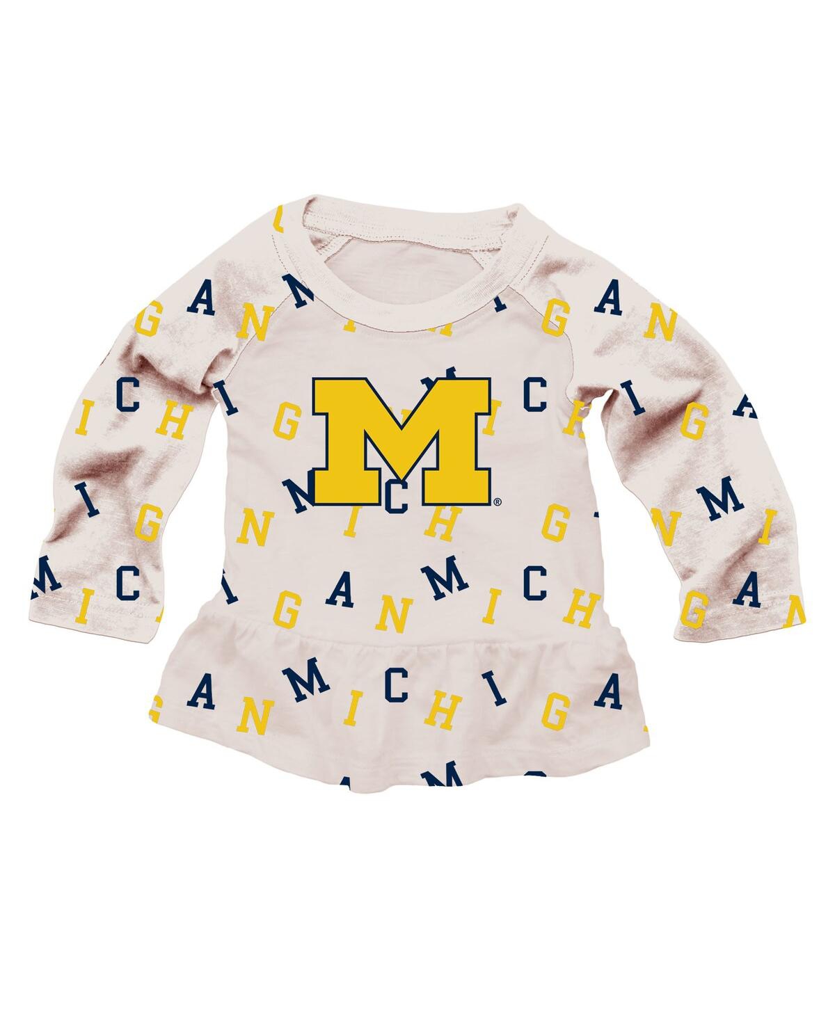 Wes & Willy Girls Toddler 2-piece Oatmeal Michigan Wolverines Ruffle Raglan Long Sleeve T-shirt And Leggings Set In Multi