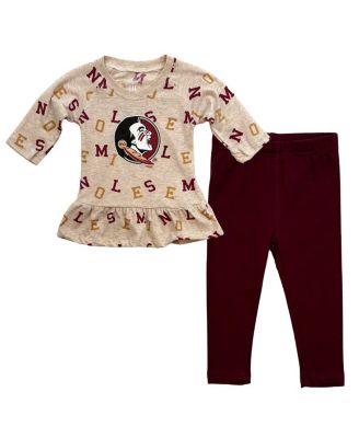 Wes & Willy - Baby Girls Oatmeal Florida State Seminoles Ruffle Raglan Long Sleeve T-Shirt Leggings Set