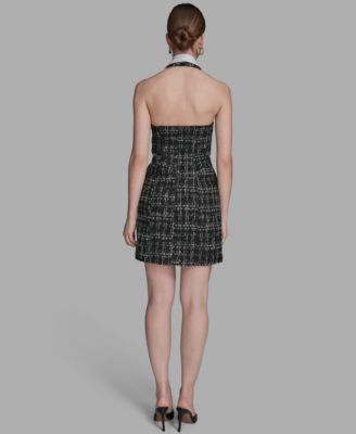 Women's Plaid Boucle Twofer Halter Neck Dress