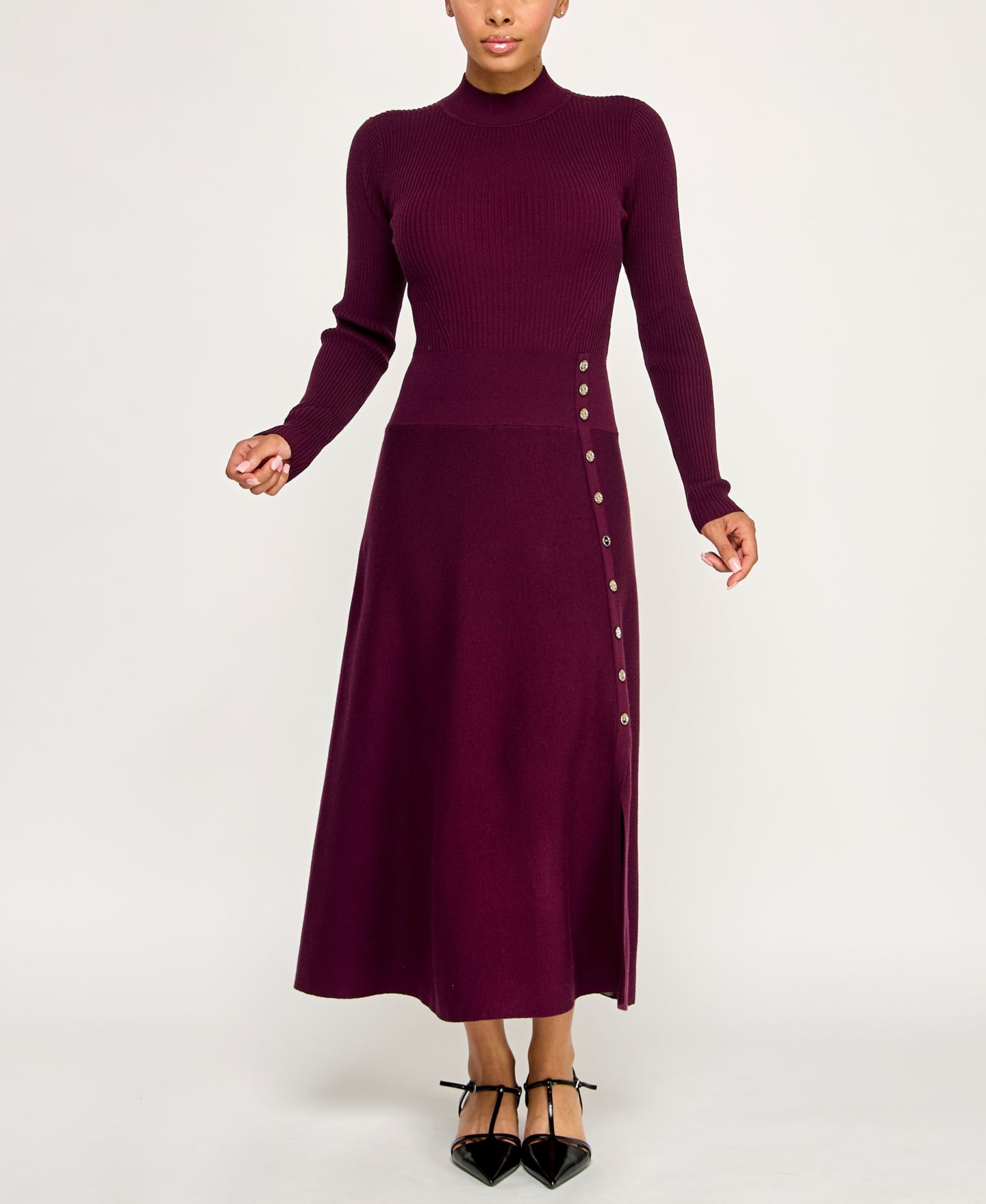Женское платье INVITEE Juniors' Mini Buttons A-Line Sweater Dress, цвет: Сливовый — фото 1