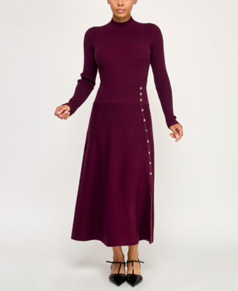 Женское платье INVITEE Juniors' Mini Buttons A-Line Sweater Dress, цвет: Сливовый