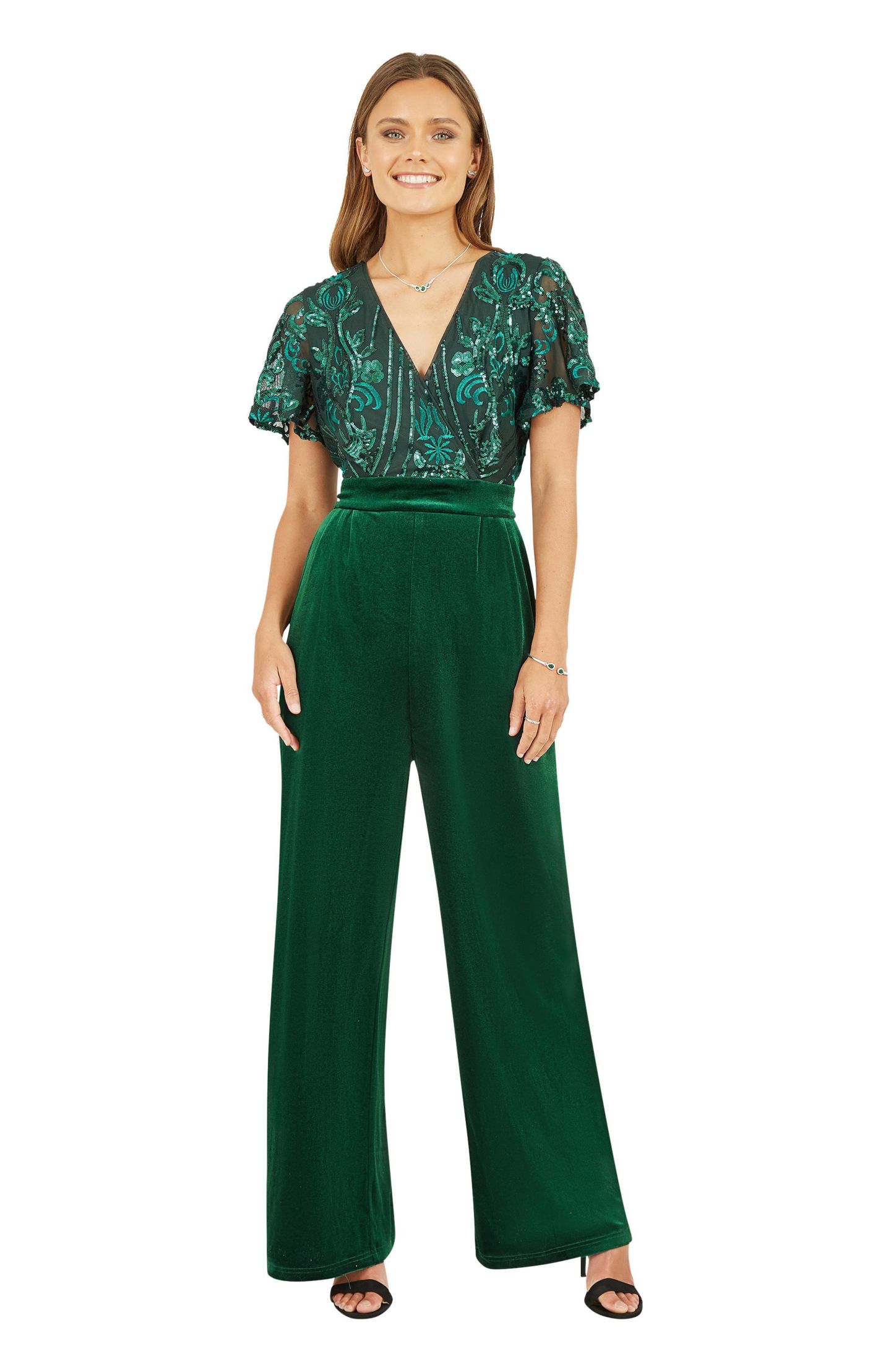 Женский комбинезон Yumi Wrap Sequin Embellished Velvet Jumpsuit, цвет: Зелёный — фото 1