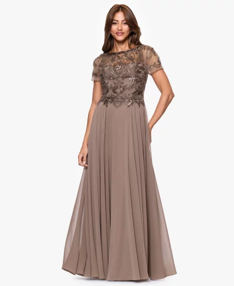 Petite Beaded Mesh Long Dress - Mocha