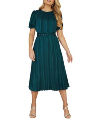 Women's Satin Pleated Stripe Midi Dress