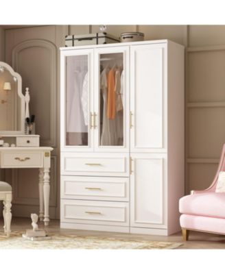 Glass Door Armoire with 3-Drawers , Bedroom Closet with Hanging Rods, Shelves ,Wardrobe