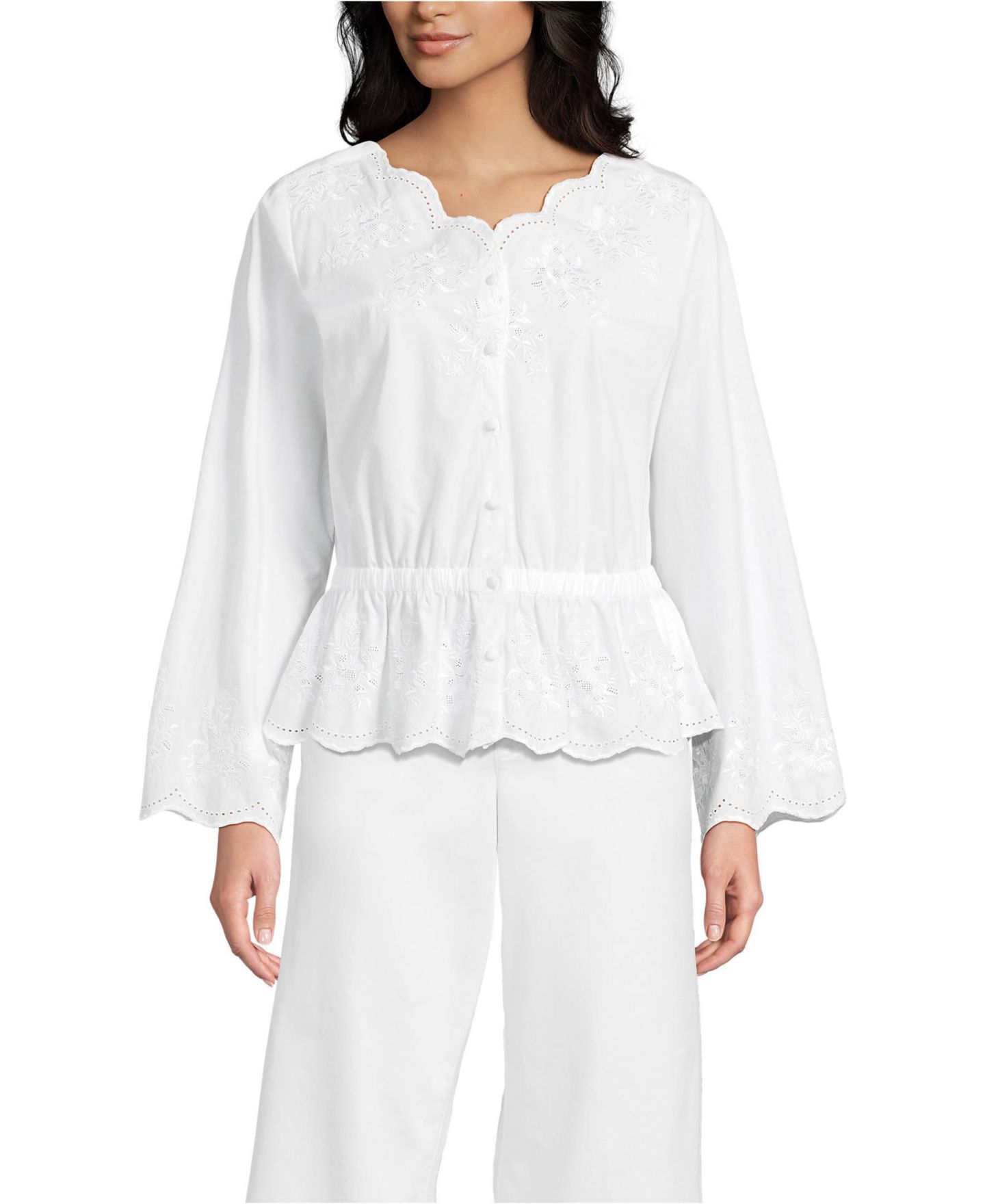 Женская блузка Lands' End Embroidered Poplin Long Sleeve, цвет: Белый — фото 1