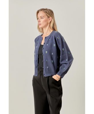 Women's Beads Floral Round Neck Cardigan