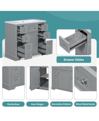 36" Bathroom Vanity, Cabinet Base Only, One Cabinet and Six Drawers