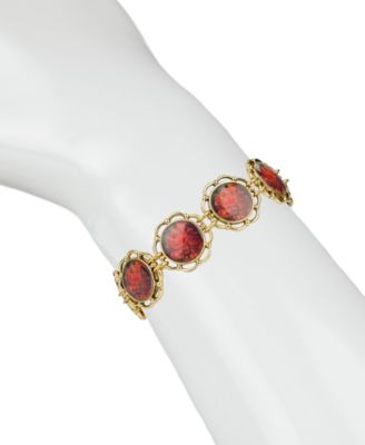 Acrylic Ruby European Floral Tapestry Antique-Like Gold-Tone Box Clasp Link Bracelet