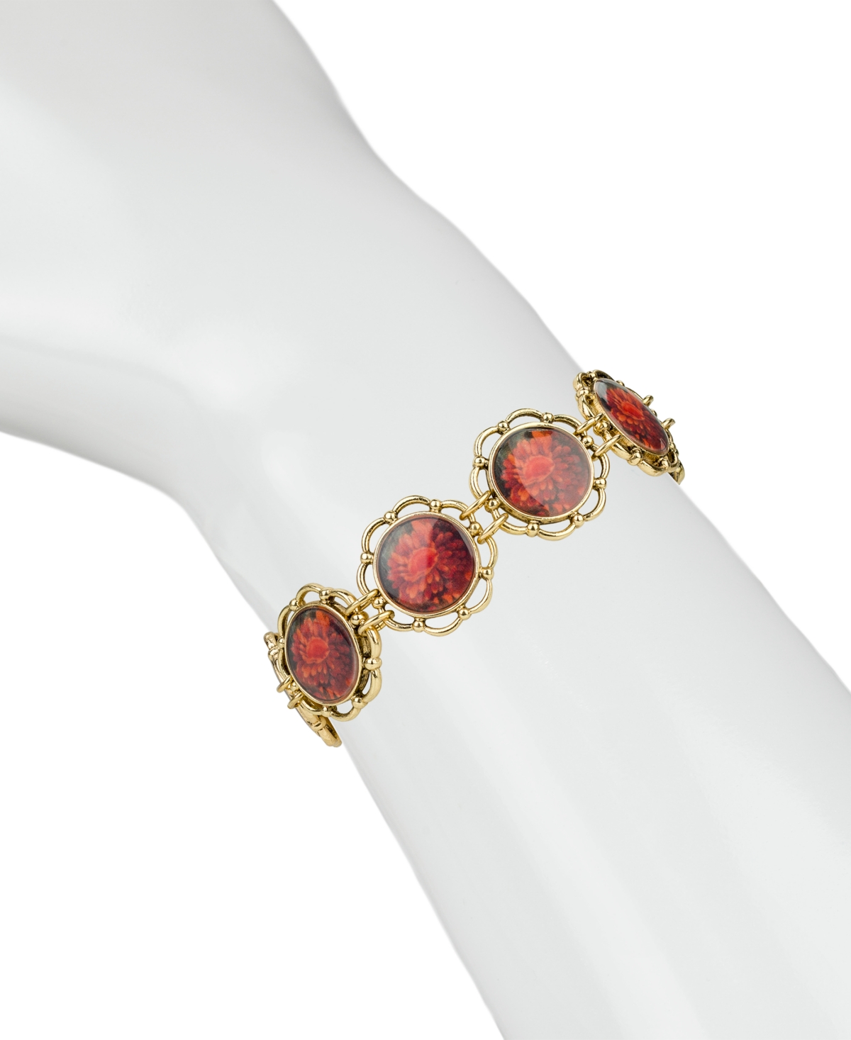 Patricia Nash Acrylic Ruby European Floral Tapestry Antique-like Gold-tone Box Clasp Link Bracelet In Gold