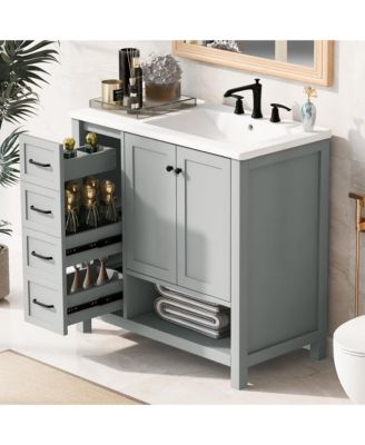 36&amp;#x22; Solid Wood and MDF Bathroom Vanity with Sink Top, Cabinet Doors, Drawers and Open Shelf