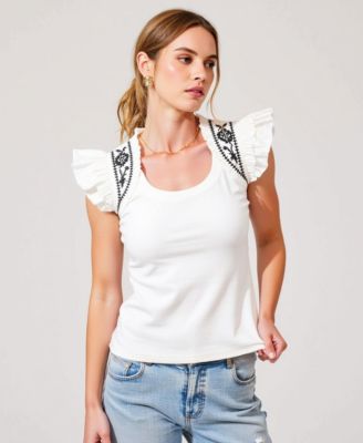 Women's Ruffled Cap Sleeve Embroidered Knit Top