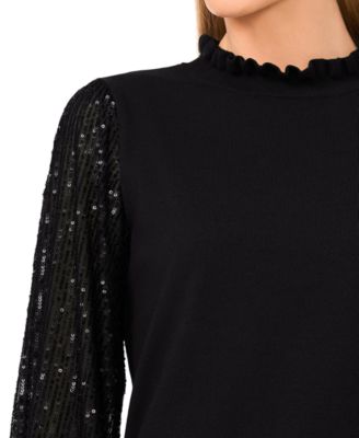 Women's Ruffle Trim Sequin Long Sleeves Sweater