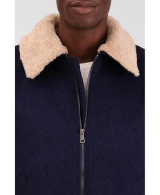 Men's Wool Blend Faux Fur Collared Bomber Jacket