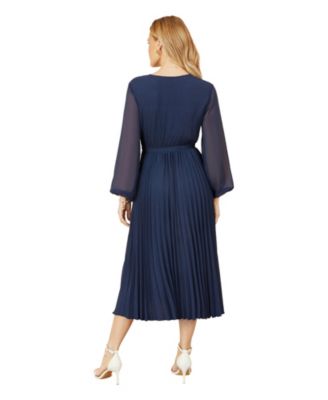 Women's Long Sleeved Pleated Midi Wrap Dress