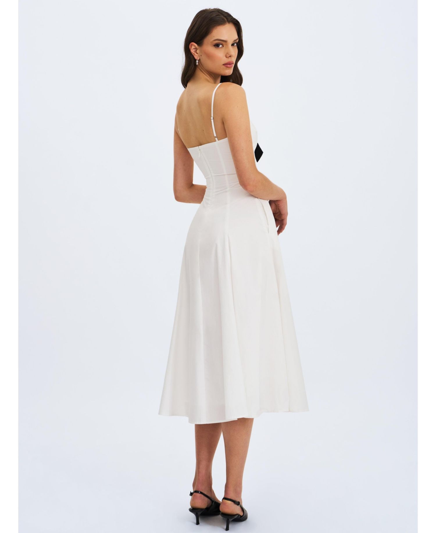 Women's Corinne White Poplin Flared Maxi Dress with Removable Bow