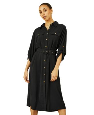 Women's 3/4 Sleeve Belted Midi Shirt Dress
