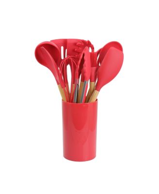 Red Silicone and Wood Cooking Utensils, Set of 12