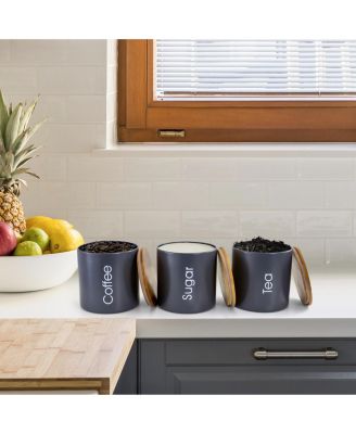 Bamboo Kitchen Countertop 4 Piece Metal Bread Basket and Canister Set in Gray with Lids