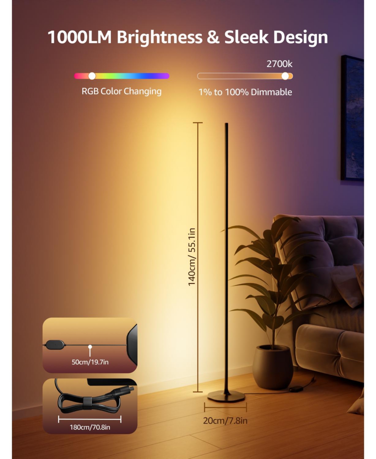 Lepro OE1 55 in. Smart Rgbww Black Standard Floor Lamp, 1000 Lm Dimmable Color Changing Accent Light for bedroom living room