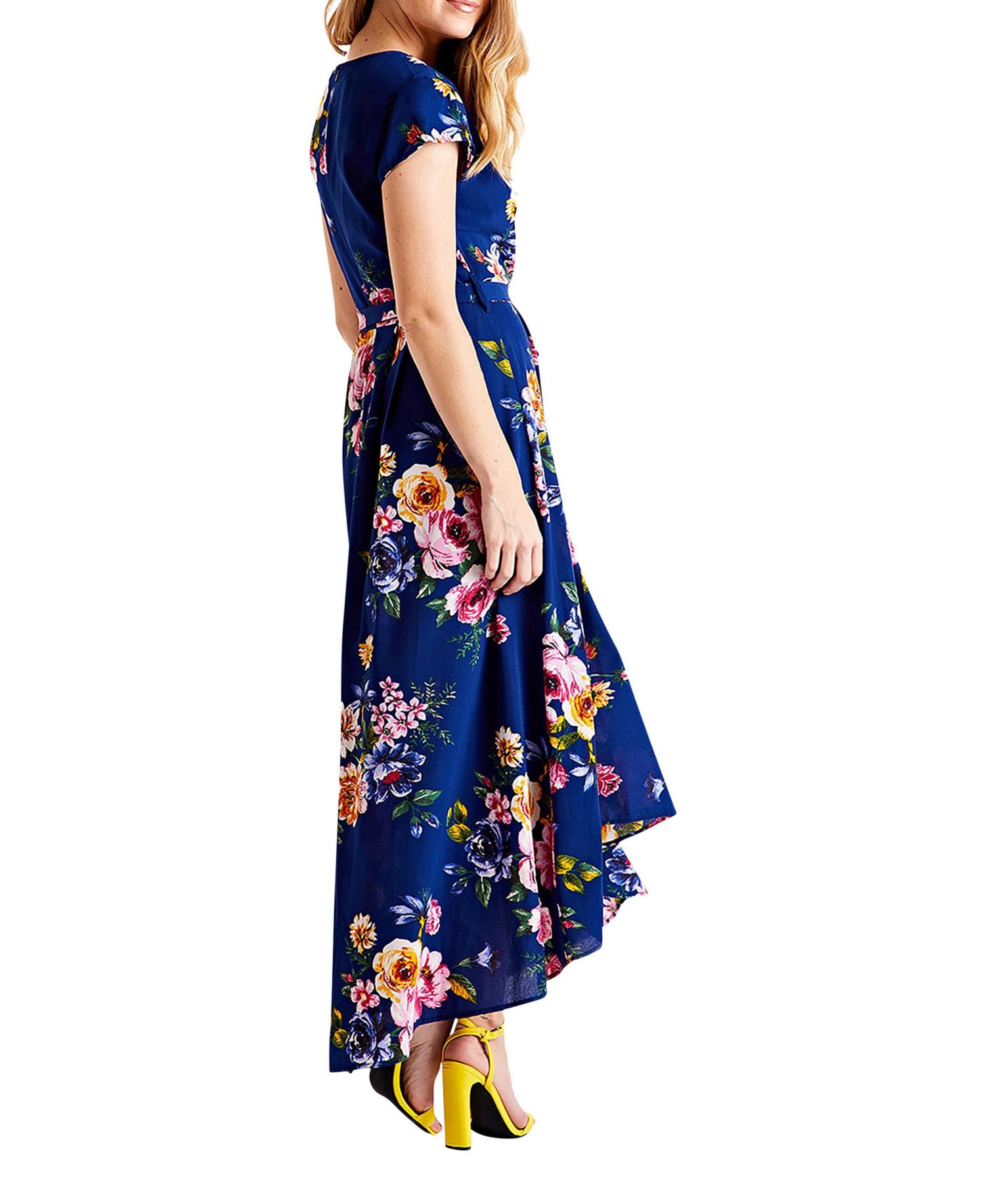 Women's Floral Print Dipped Hem Wrap Midi Dress