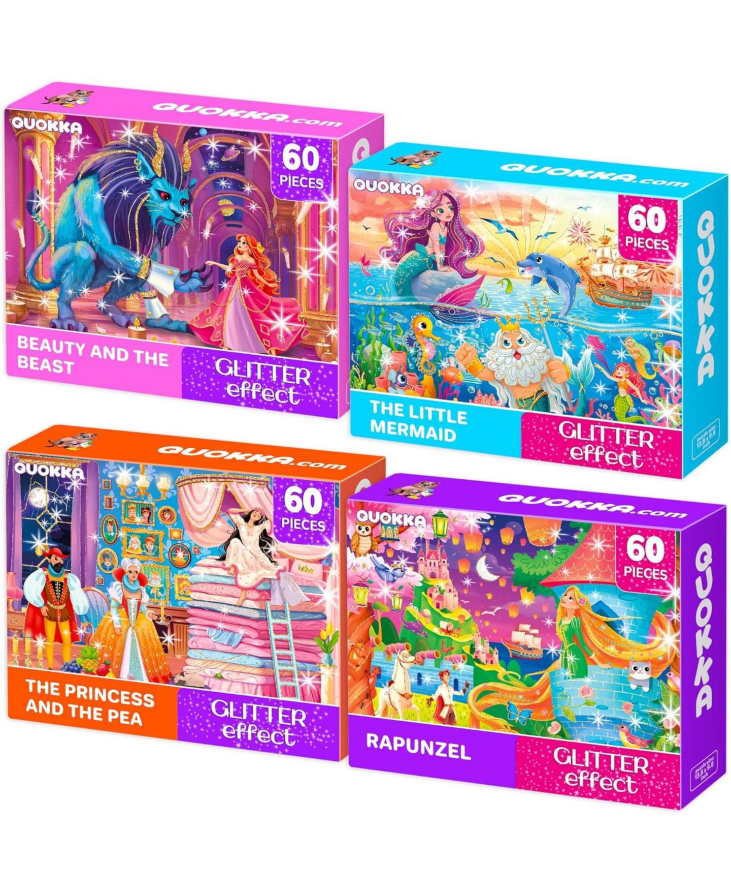 Детские игрушки Quokka Fairy Tale Princess Glitter-Effect Puzzle 4-Pack (60-Piece), Ages 4+, цвет: Glitter Princesses — фото 1
