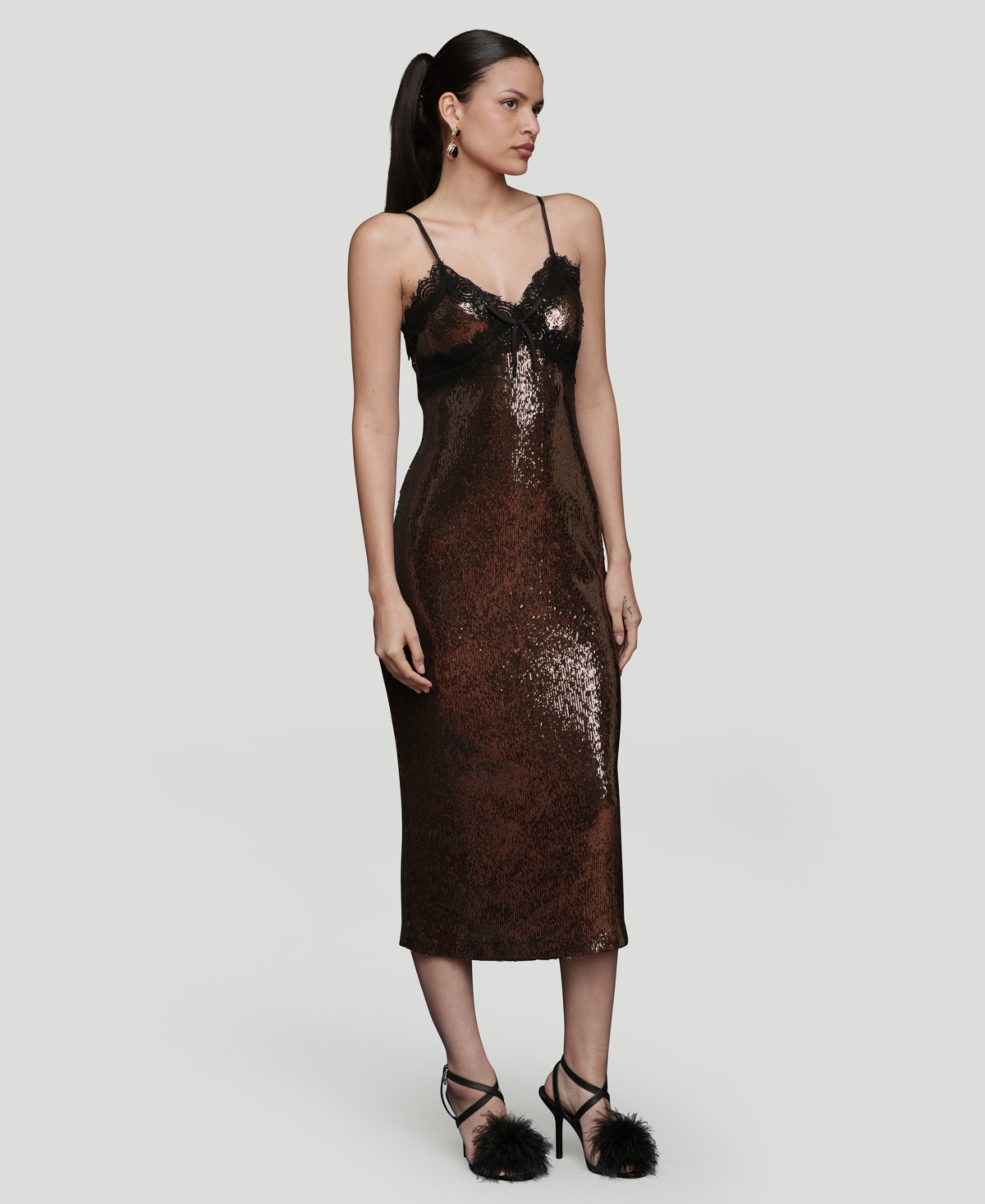 Avec Les Filles Women's Lace Trim Sequin Cami Midi Dress In Pattern