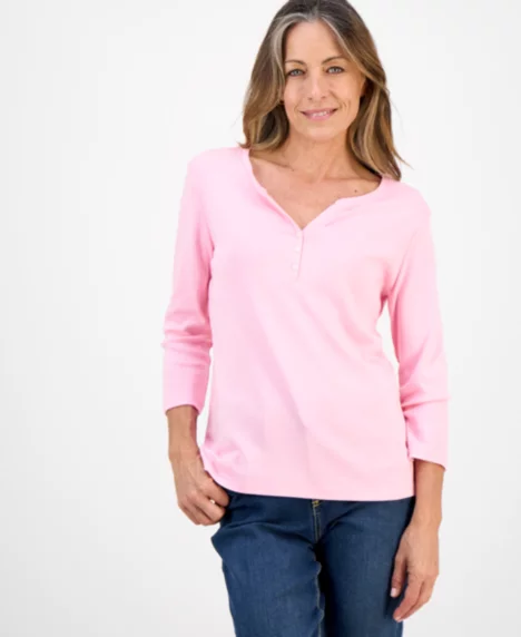 Petite Cotton Knit Henley 3/4-Sleeve Top - Playful Pink