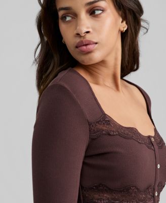 Petite Knit Lace-Trim Henley Top, Macy's Exclusive