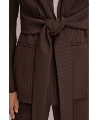 Women's Notch Lapel Collar Pinstripe Tie-Waist Jacket