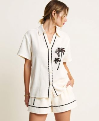 Women's Embroidered Button-Down Shirt and Short Set